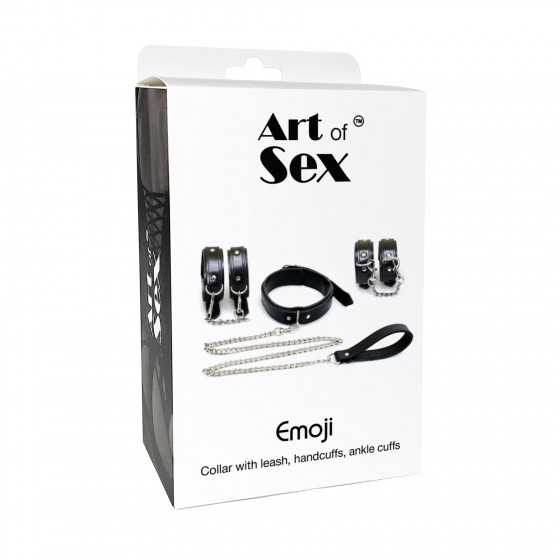 BDSM набір з 3х елементів Art of Sex - Emoji, наручники, поножі, нашийник з повідцем, Еко шкіра, колір