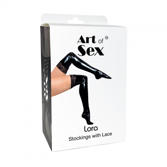 Сексуальные виниловые чулки Art of Sex - Lora с кружевом, размер L, цвет черный