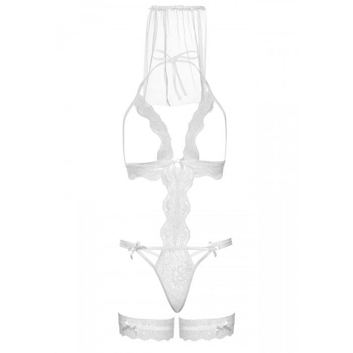 Костюм невесты с открытой грудью Leg Avenue G-string teddy, veil & garter, размер One size, Белый