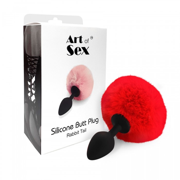 Силиконовая анальная пробка Art of Sex - Rabbit Tail, размер М, Красный хвостик