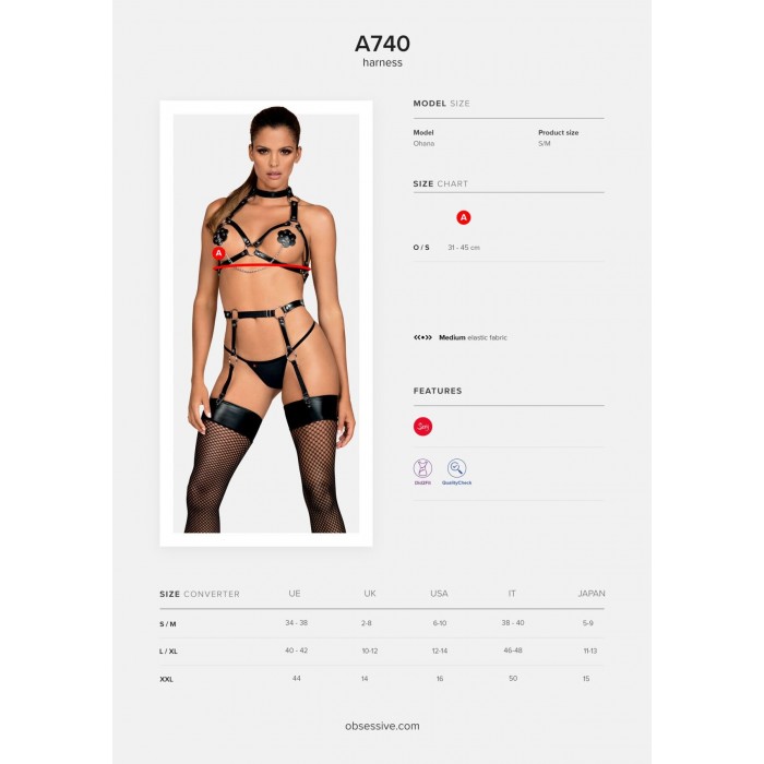 Портупея на груди з штучної шкіри Obsessive A740 harness, розмір O/S, Чорна