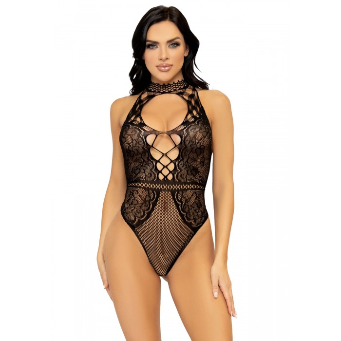 Еротичне боді Leg Avenue Net and lace halter bodysuit, розмір One Size, Чорне