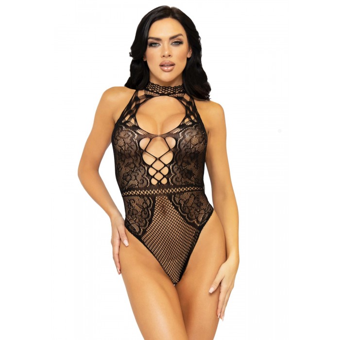 Еротичне боді Leg Avenue Net and lace halter bodysuit, розмір One Size, Чорне