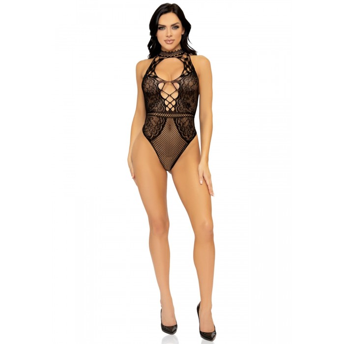 Еротичне боді Leg Avenue Net and lace halter bodysuit, розмір One Size, Чорне