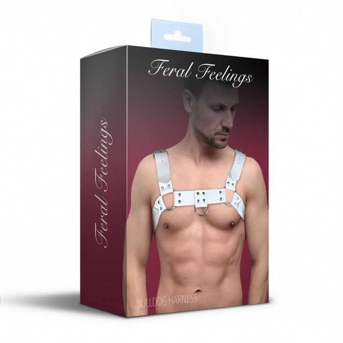 Мужская портупея на грудь из натуральной кожи Feral Feelings - Bulldog Harness 2, Белая