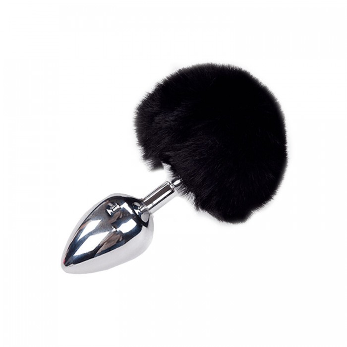 Металева анальна пробка з чорним хвостиком кролика Alive Fluffy Plug, розмір L