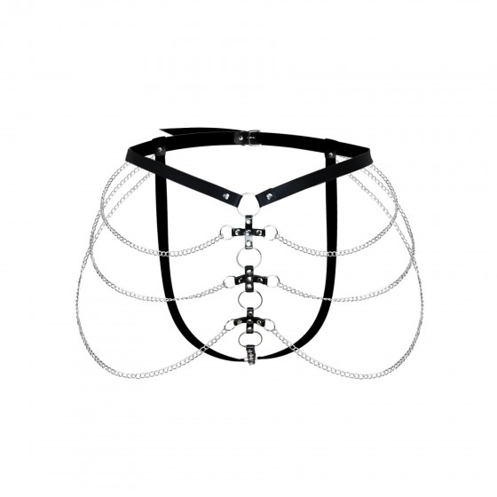 Сексуальные кожаные трусики украшенные цепями Art of sex - Cross, цвет Черный, размер XS-M