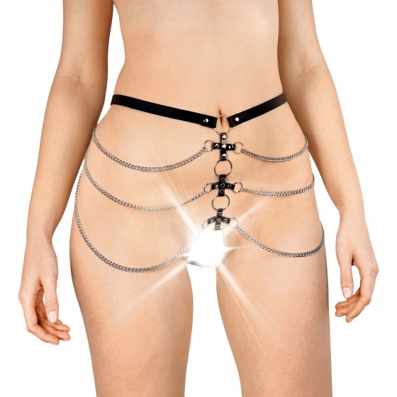 Сексуальні шкіряні трусики прикрашені ланцюгами Art of sex - Cross, колір Чорний, розмір XS-M