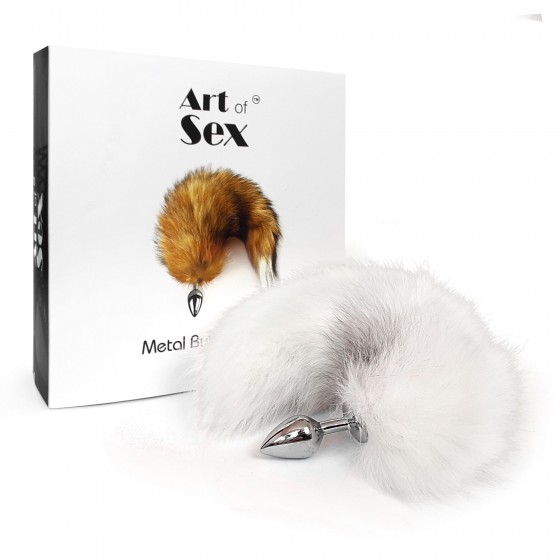 Металева анальна пробка з хвостом з натурального хутра Art Of Sex Metal Anal Plug size M White fox