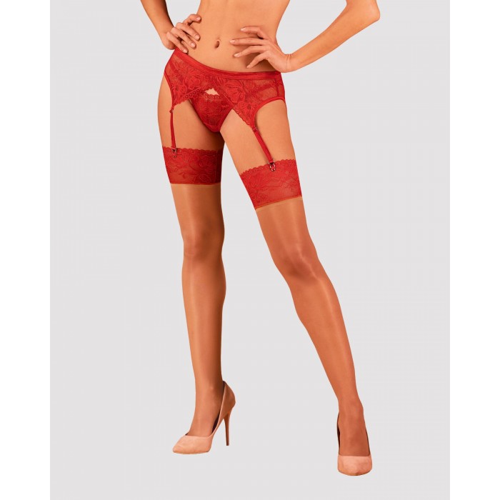 Панчохи під пояс з широким мереживом Obsessive Lacelove stockings, Червоні, розмір XS/S
