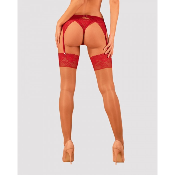 Панчохи під пояс з широким мереживом Obsessive Lacelove stockings, Червоні, розмір XS/S