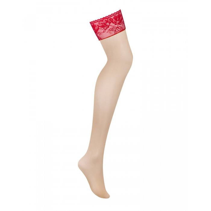 Панчохи під пояс з широким мереживом Obsessive Lacelove stockings, Червоні, розмір XS/S