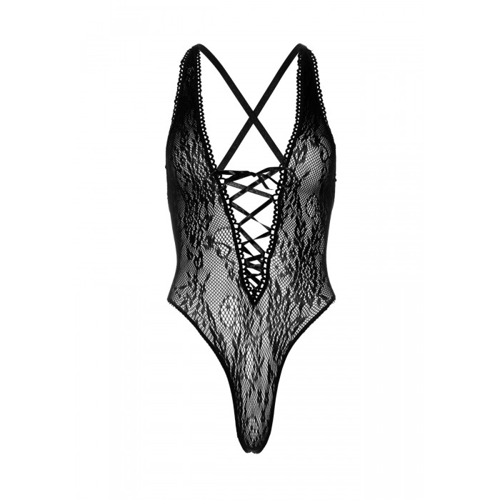 Кружевне боді зі шнурівкою на грудях Leg Avenue Floral lace thong teddy, розмір one size, Чорне