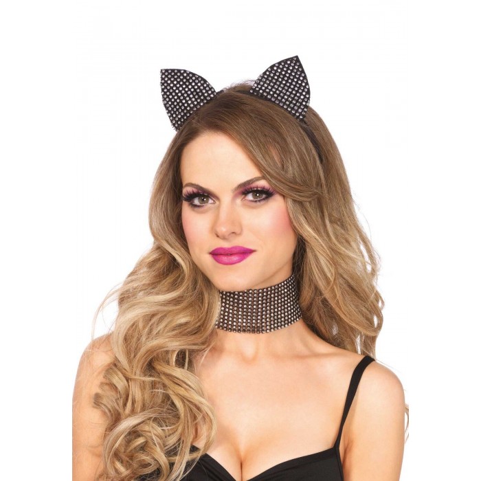 Набір кішечки Leg Avenue Cat широкий чокер і вушка зі стразами