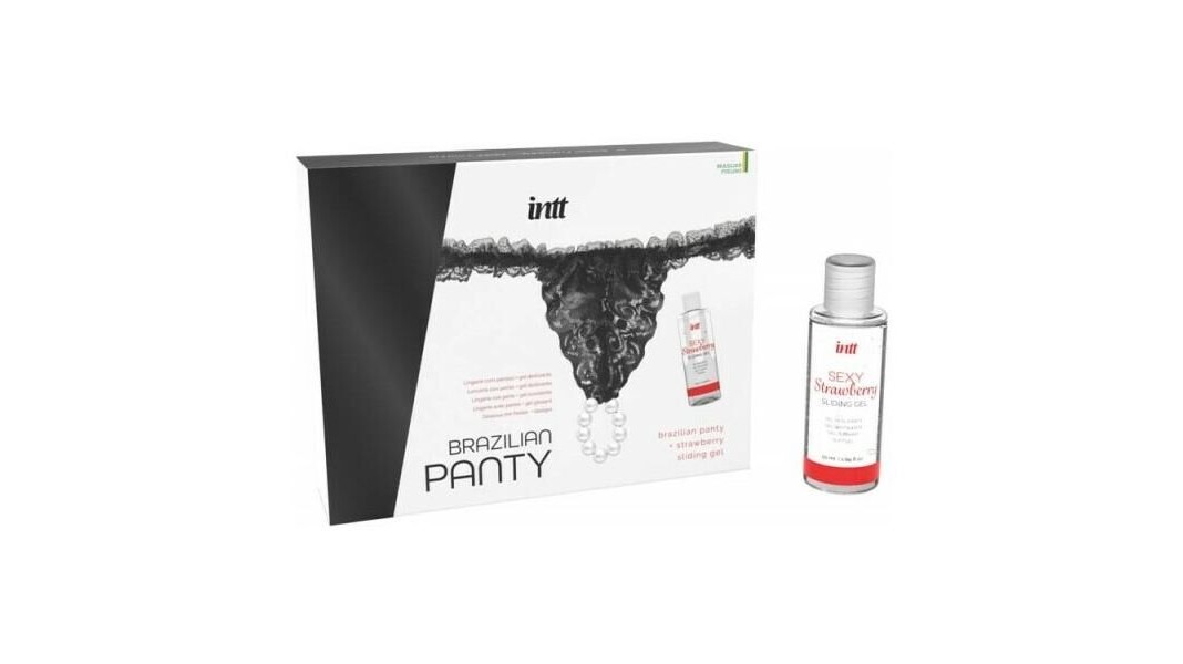 Трусики с жемчужным кольцом и клубничным лубрикантом Intt BRAZILIAN PANTY, S-XL, Черный