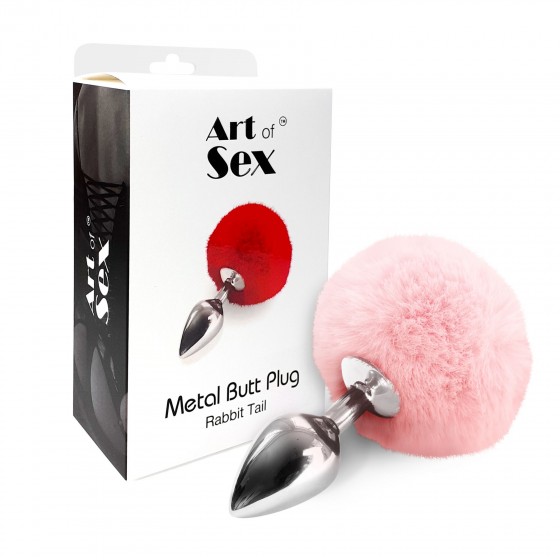 Металева анальна пробка м Art Of Sex-Metal Butt plug Rabbit Tail, ніжно-рожевий