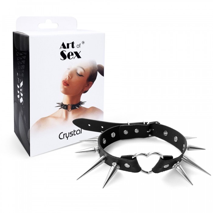 Чокер серце з великими шипами, з натуральної шкіри Art of Sex - Crystal, чорний