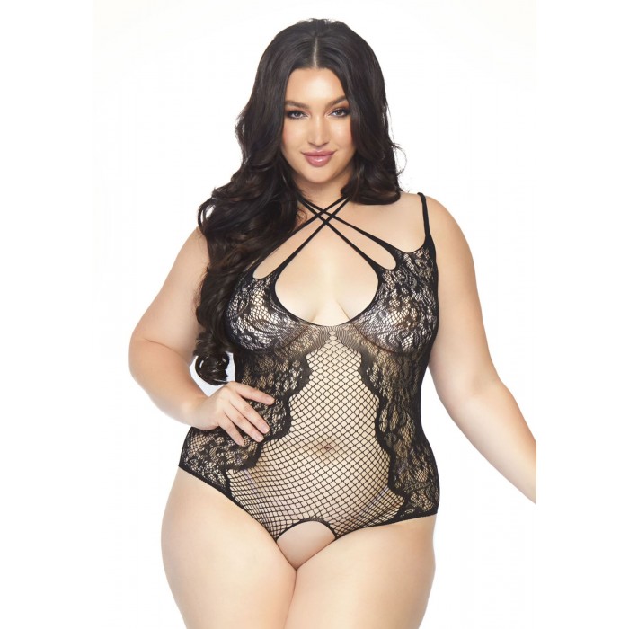 Тедді з відкритим доступом Leg Avenue Net and lace crotchless, Чорний, розмір 1X–2X