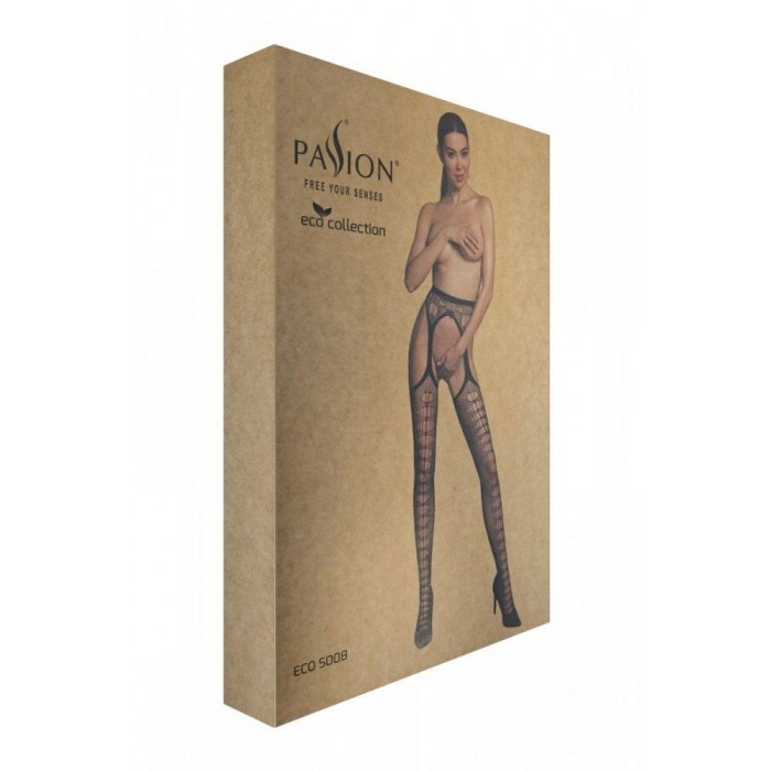 Эротические колготки-бодистокинг с имитацией чулок Passion ECO S008, Черные