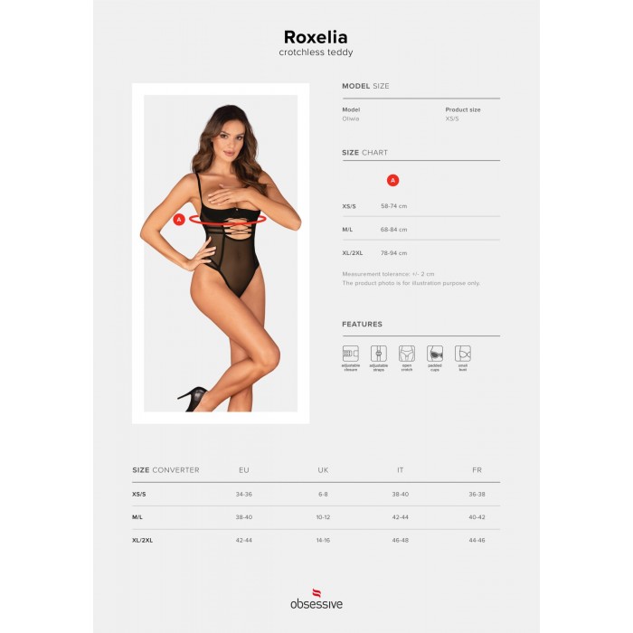Еротичне боді з доступом Obsessive Roxelia crotchless teddy, розмір XL/2XL, Чорне