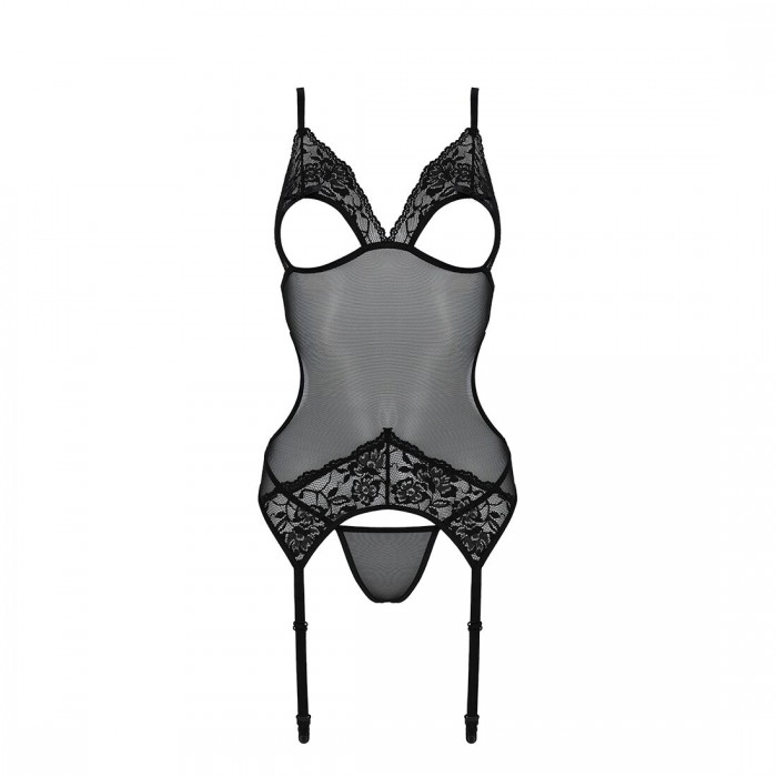 Корсет с подвязками и ажурным лифом Passion CHRISTA CORSET, размер L/XL, Черный, + стринги