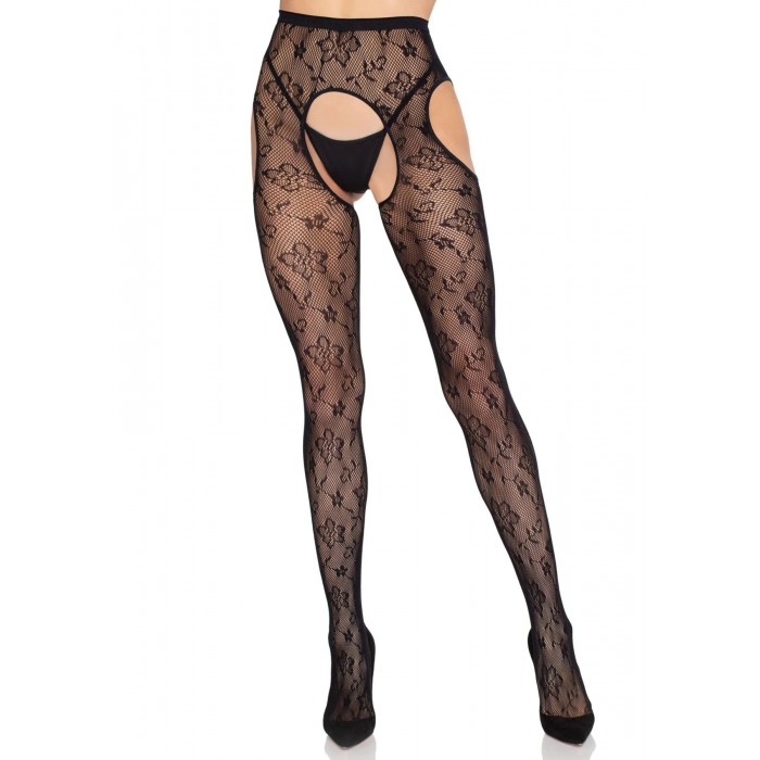 Еротичні колготки Leg Avenue Bloom Net Suspender Tights, розмір One Size, Чорний