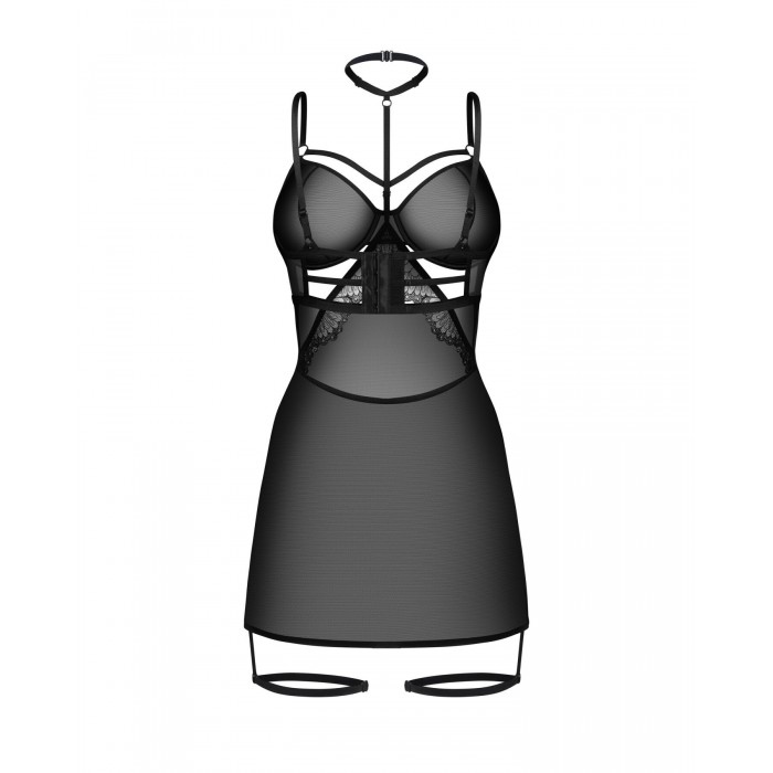 Бебі-дол з декоративним чокером і підв'язками Obsessive Arrowel Black chemise, розмір L/XL