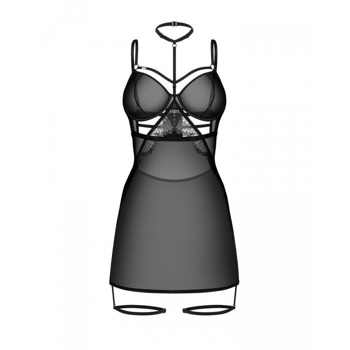Бебі-дол з декоративним чокером і підв'язками Obsessive Arrowel Black chemise, розмір L/XL