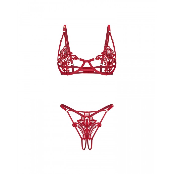 Комплект нижньої білизни Obsessive Luise Sublim Red 2-pcs crotchless set, розмір L/XL