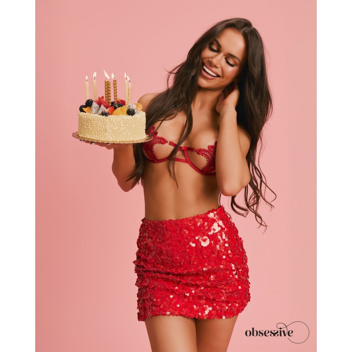 Комплект нижньої білизни Obsessive Luise Sublim Red 2-pcs crotchless set, розмір L/XL