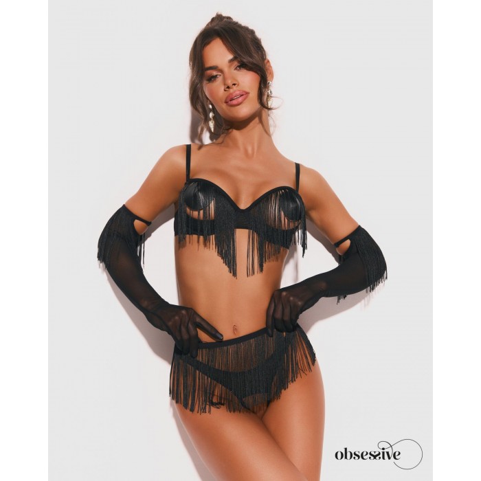 Комплект нижньої білизни Obsessive Rossay Black 4-pcs crotchless set, розмір S/M