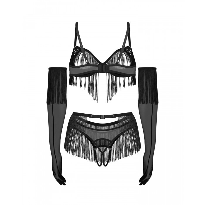 Комплект нижньої білизни Obsessive Rossay Black 4-pcs crotchless set, розмір S/M