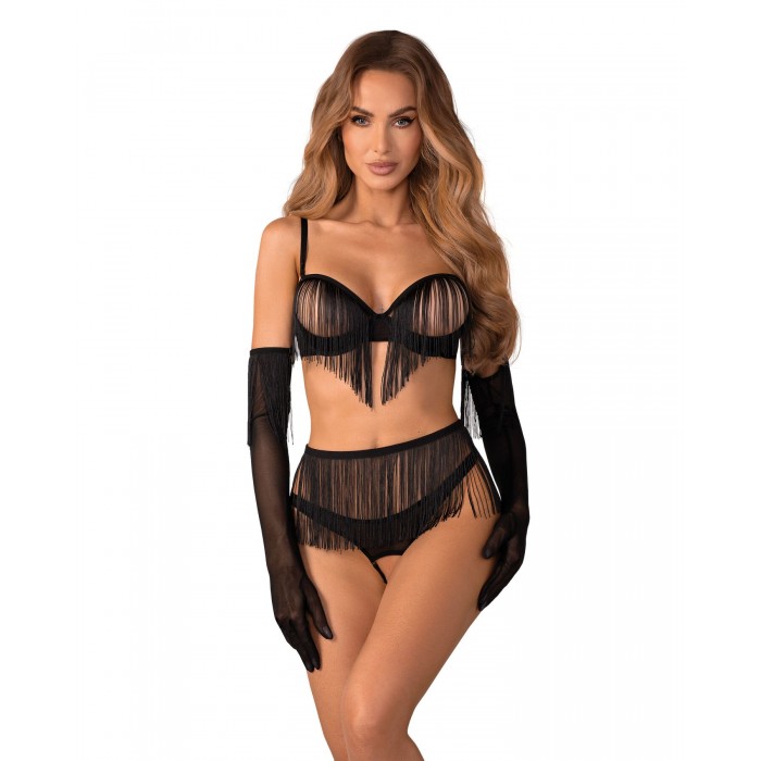 Комплект нижньої білизни Obsessive Rossay Black 4-pcs crotchless set, розмір S/M