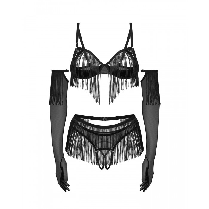 Комплект нижньої білизни Obsessive Rossay Black 4-pcs crotchless set, розмір S/M