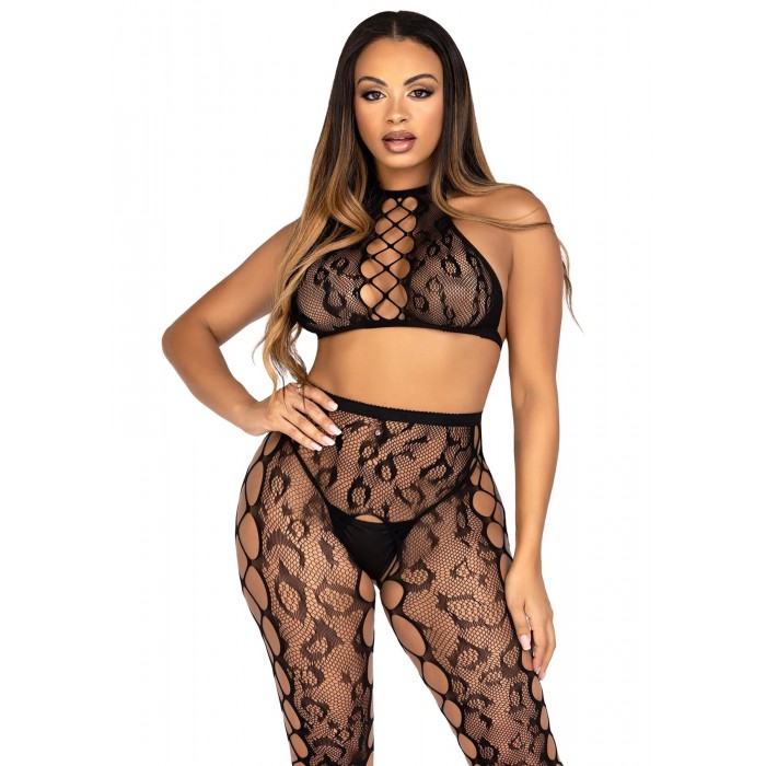 Комплект нижньої білизни Leg Avenue Crop Top & Crotchless Tights, розмір One Size, Чорний
