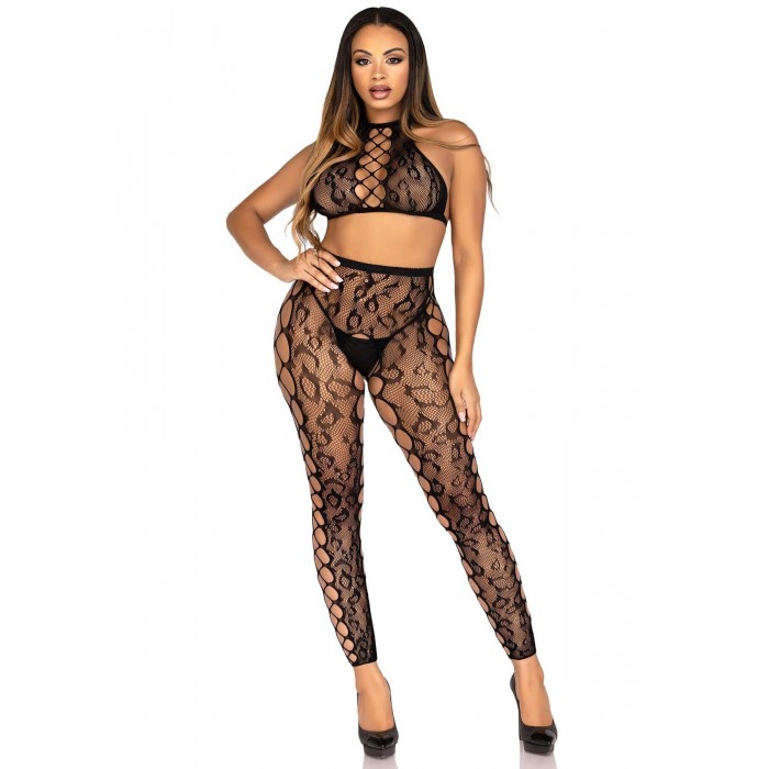Комплект нижньої білизни Leg Avenue Crop Top & Crotchless Tights, розмір One Size, Чорний