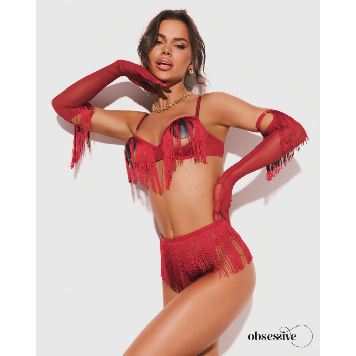 Комплект нижньої білизни Obsessive Rossay 4-pcs crotchless set, Червоний, розмір L/XL