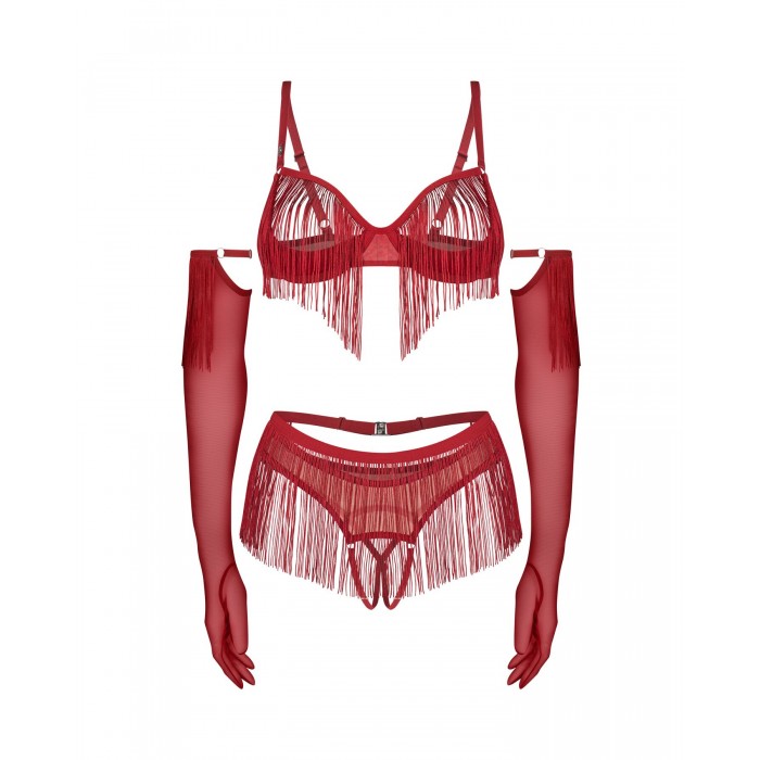 Комплект нижньої білизни Obsessive Rossay 4-pcs crotchless set, Червоний, розмір L/XL