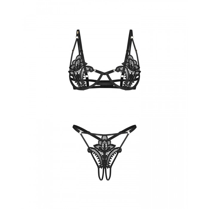 Комплект нижньої білизни Obsessive Luise Sublim Black 2-pcs crotchless set, розмір S/M