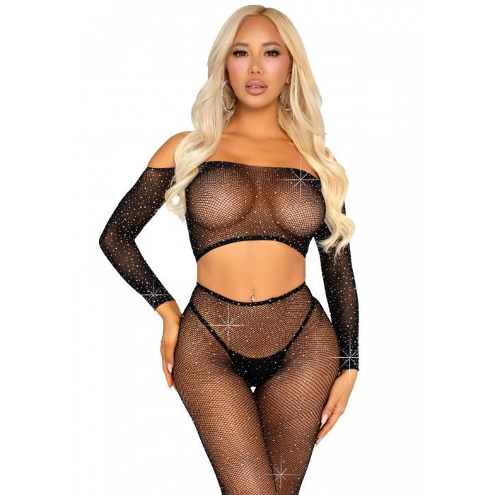 Эротический комплект Leg Avenue Rhinestone Fishnet Crop Top and Legging, размер One Size, Черный
