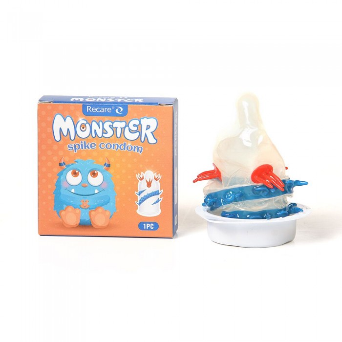 Презерватив Recare Blue Monster Spike Condom з вусиками та спіраллю шипів
