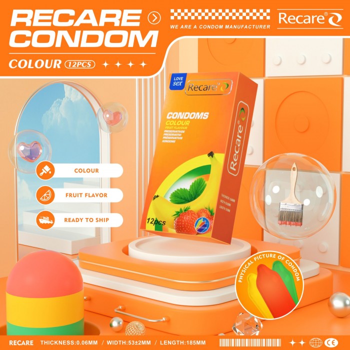 Презервативы с ароматом мяты, банана, клубники Recare Color Fruit Flavour Condoms, 12 шт