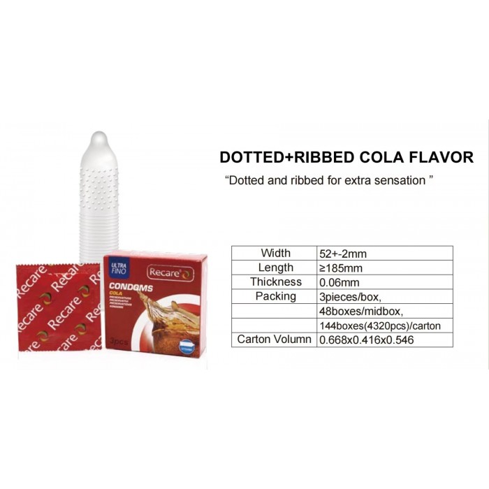 Презервативы с пупырышками и ребрами Recare Cola Dotted&Ribbed Condoms, 3 шт, Кола
