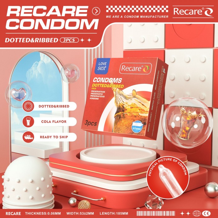 Презервативы с пупырышками и ребрами Recare Cola Dotted&Ribbed Condoms, 3 шт, Кола