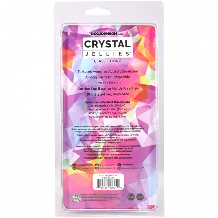 Дилдо Doc Johnson Crystal Jellies - Classic Dong - Rainbow, размер 6.5 Inch