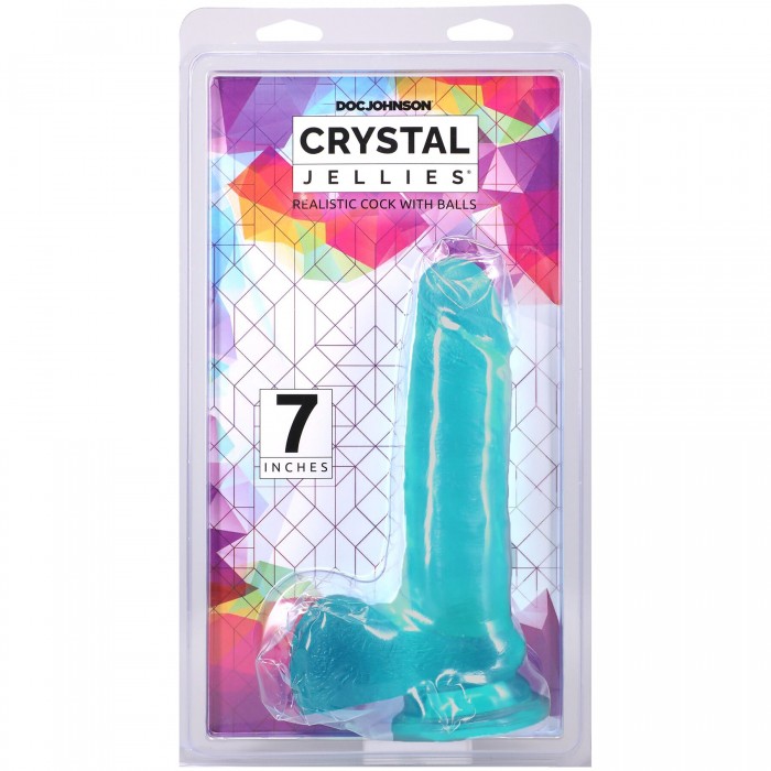 Фалоімітатор з мошонкою Doc Johnson Crystal Jellies - розмір 7 дюймів, Realistic Cock - Бірюзовий