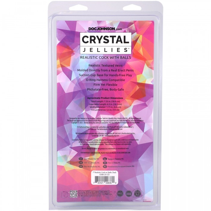 Фалоімітатор з мошонкою Doc Johnson Crystal Jellies - розмір 7 дюймів, Realistic Cock - Бірюзовий