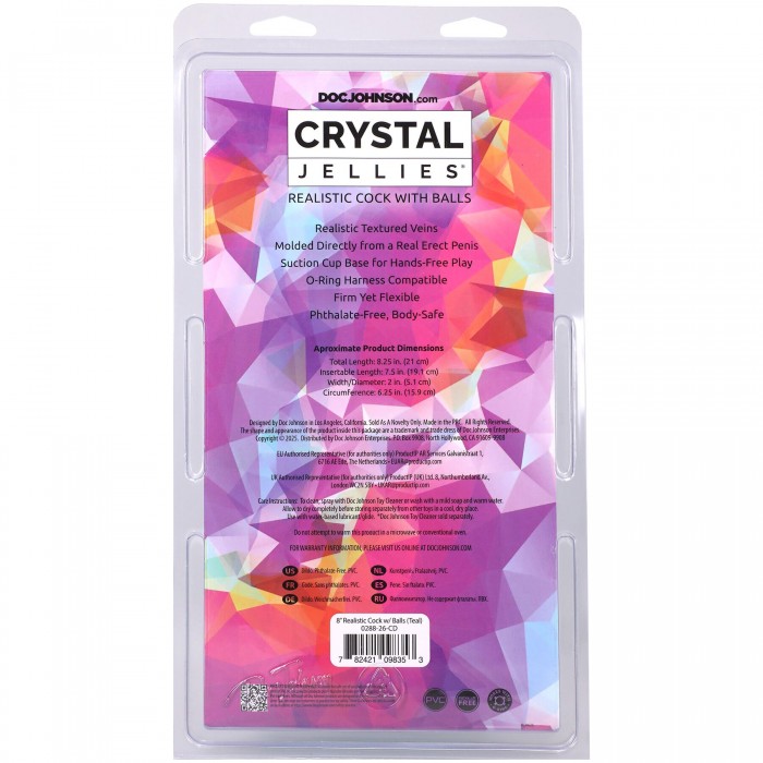 Фалоімітатор з мошонкою Doc Johnson Crystal Jellies - розмір 8 дюймів, Realistic Cock with Balls - Бірюзовий