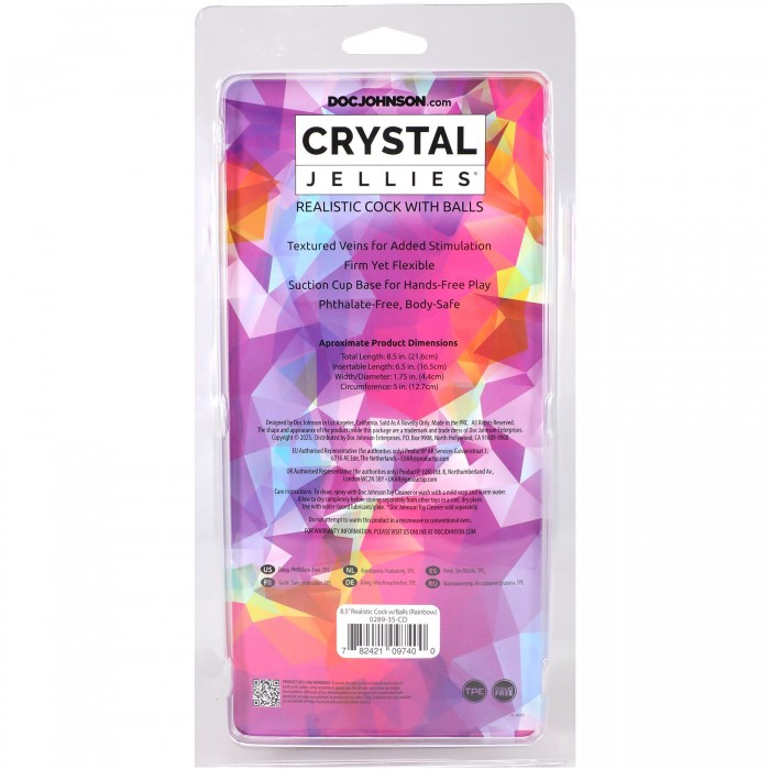 Фалоімітатор з мошонкою Doc Johnson Crystal Jellies - Realistic cock, розмір 8.5 дюймів - Веселка