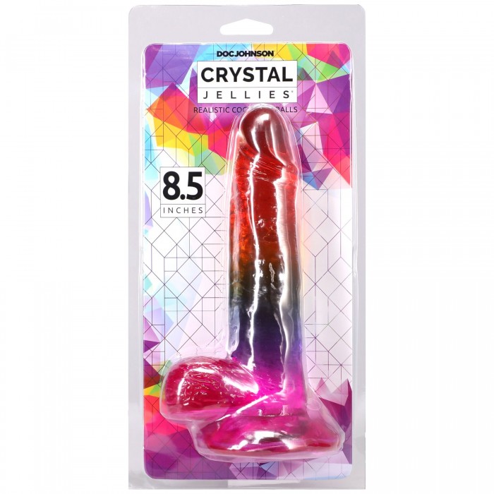 Фалоімітатор з мошонкою Doc Johnson Crystal Jellies - Realistic cock, розмір 8.5 дюймів - Веселка